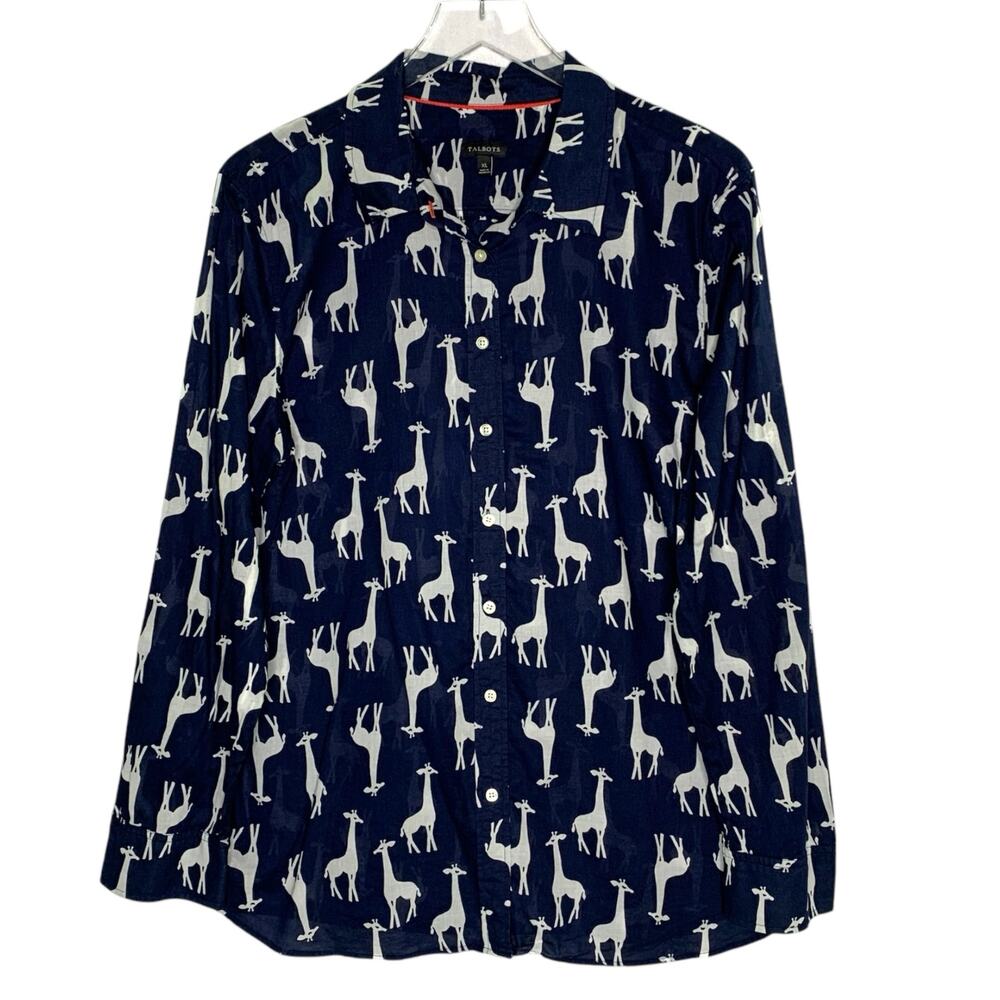 Talbots Navy Button-Down Shirt with White Giraffe Print